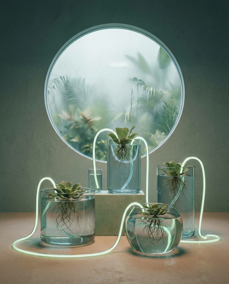 A sleek, modern vertical hydroponic farm with vibrant lettuce growing under purple grow lights in a clean, minimalist interior.