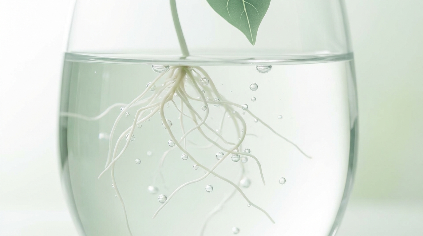 Close-up macro shot of healthy white plant roots suspended in a clear water reservoir with bubbles, illustrating clean hydroponic growth