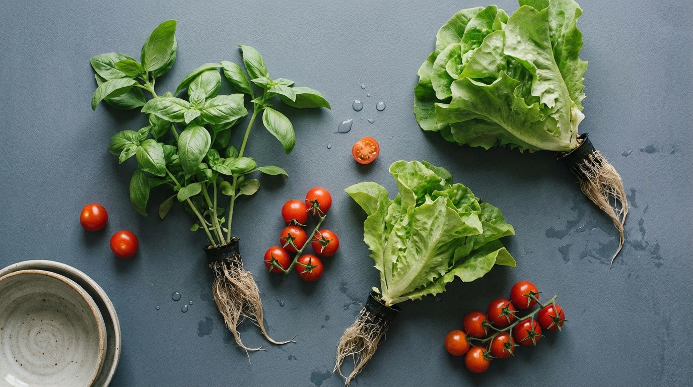 A minimal flat-lay composition showing fresh hydroponic basil, lettuce, and cherry tomatoes harvested on a slate grey table