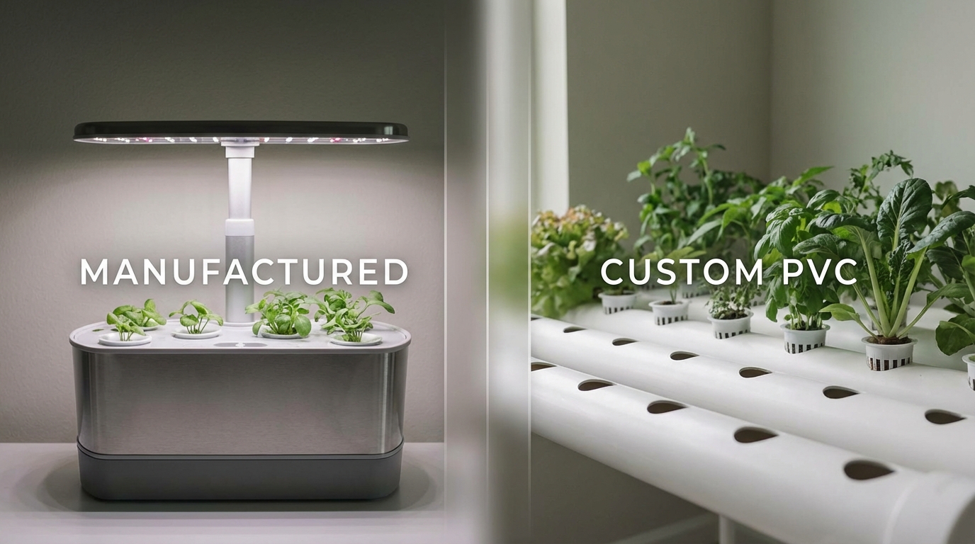 Split image comparison: Left side shows a sleek manufactured countertop hydroponic unit; Right side shows a clean custom PVC pipe setup