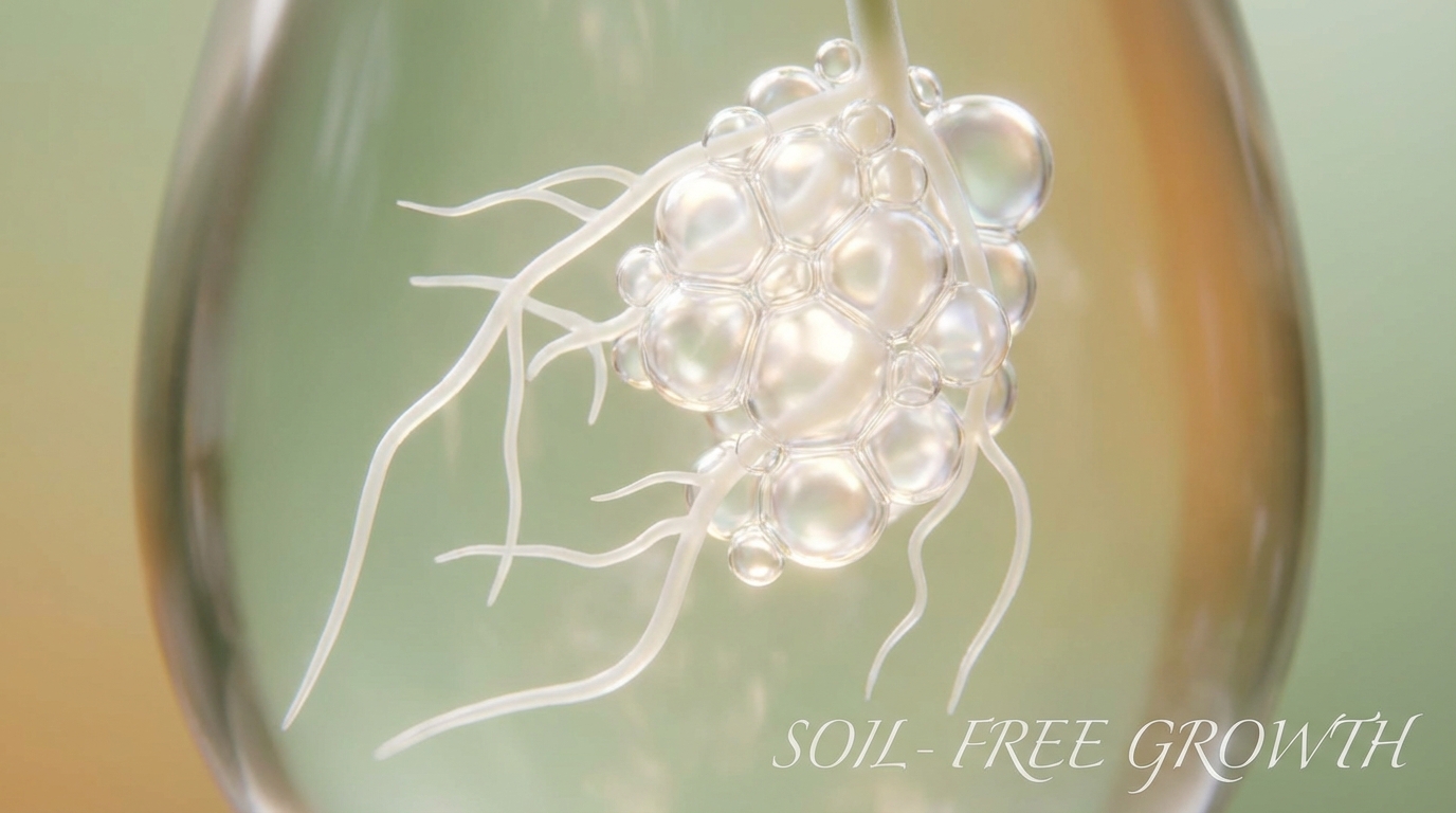 Close-up macro shot of healthy white plant roots suspended in nutrient-rich water bubbles, demonstrating the concept of soil-free growth.