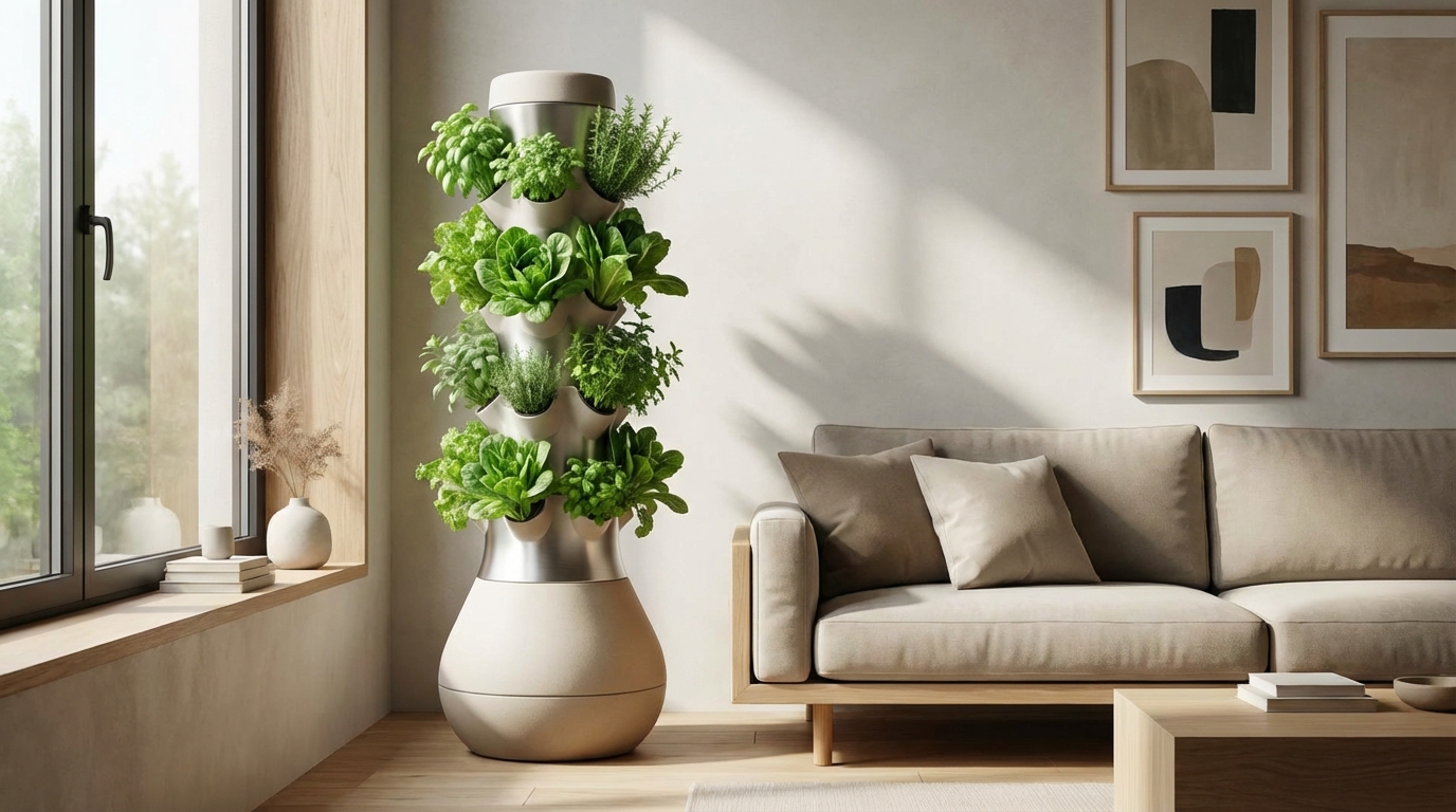 A sleek, vertical hydroponic tower system in a modern living room, showing how space efficiency allows for indoor gardening.