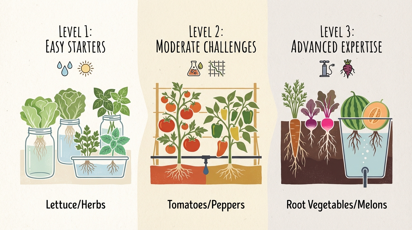 A comparison graphic showing three difficulty tiers of hydroponic plants: Level 1 (Lettuce/Herbs), Level 2 (Tomatoes/Peppers), Level 3 (Root Vegetables/Melons).