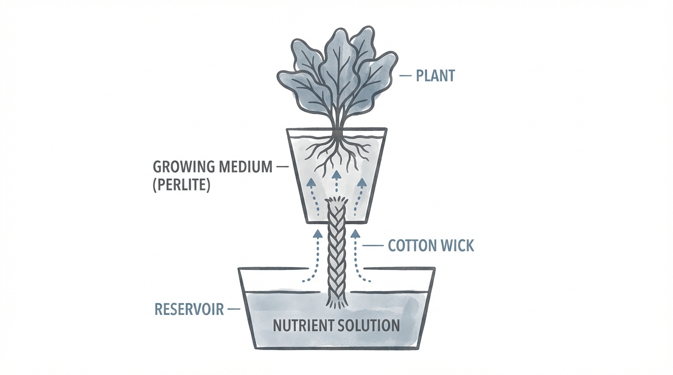 A detailed diagram of a Wick Hydroponic System on a clean white background. Arrows show nutrient solution moving up a cotton wick from a reservoir to a plant pot filled with perlite. Minimalist style with slate blue accents.
