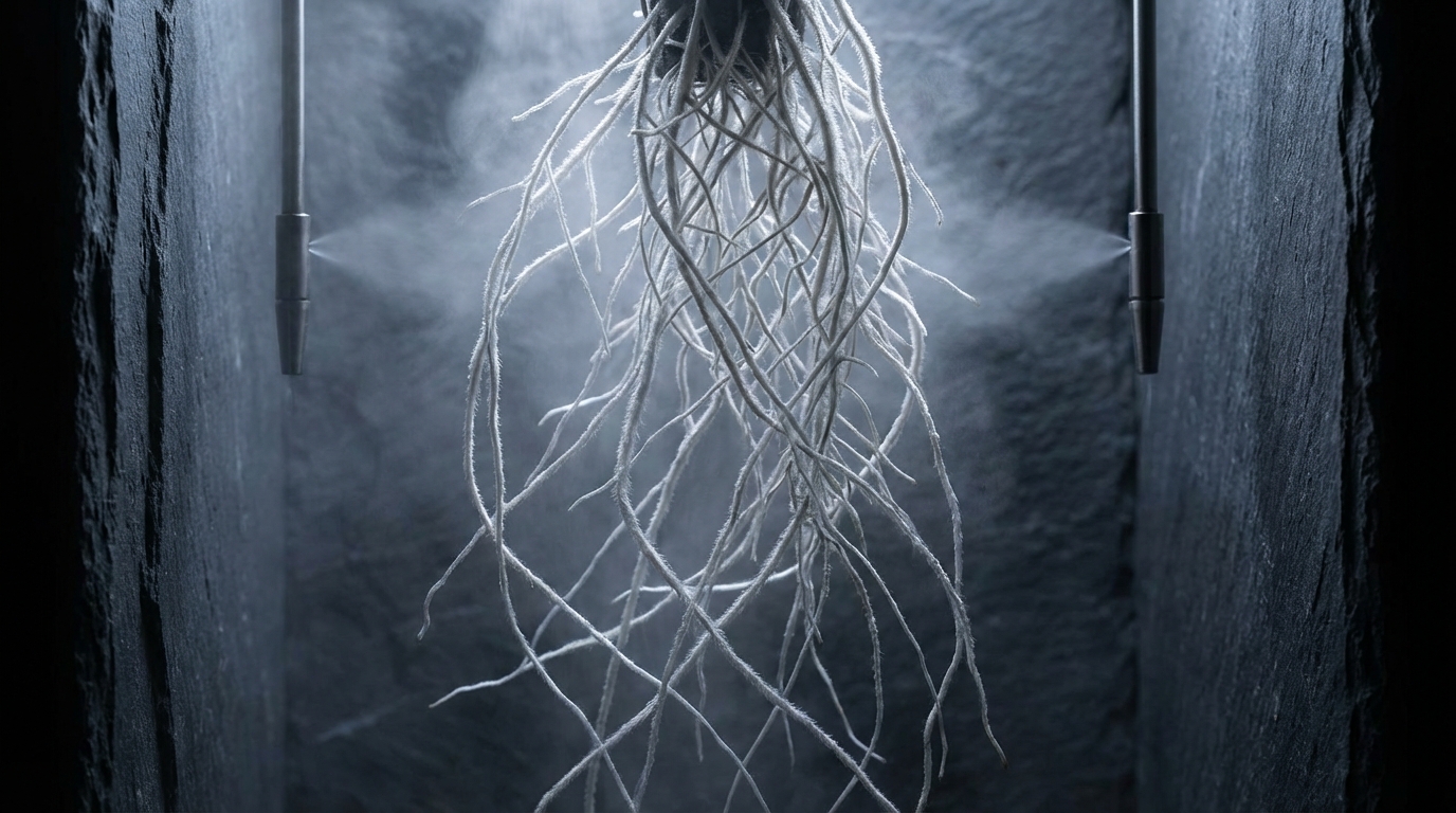 Close up visualization of Aeroponic roots suspended in a dark chamber. Fine mist nozzles are spraying the roots. The roots look white and fuzzy (healthy). Minimalist slate aesthetic.