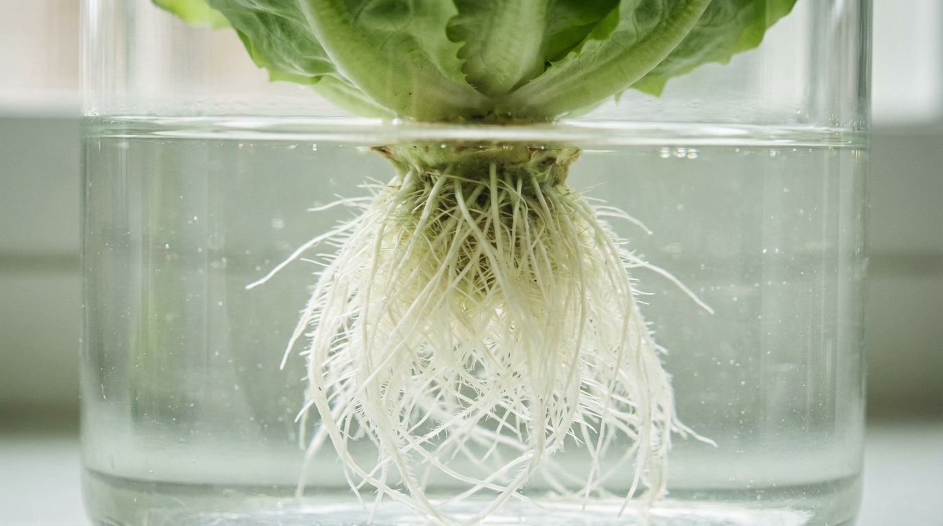 Close-up high-resolution shot of vibrant green butterhead lettuce roots floating in a nutrient solution, showing clean white root mass