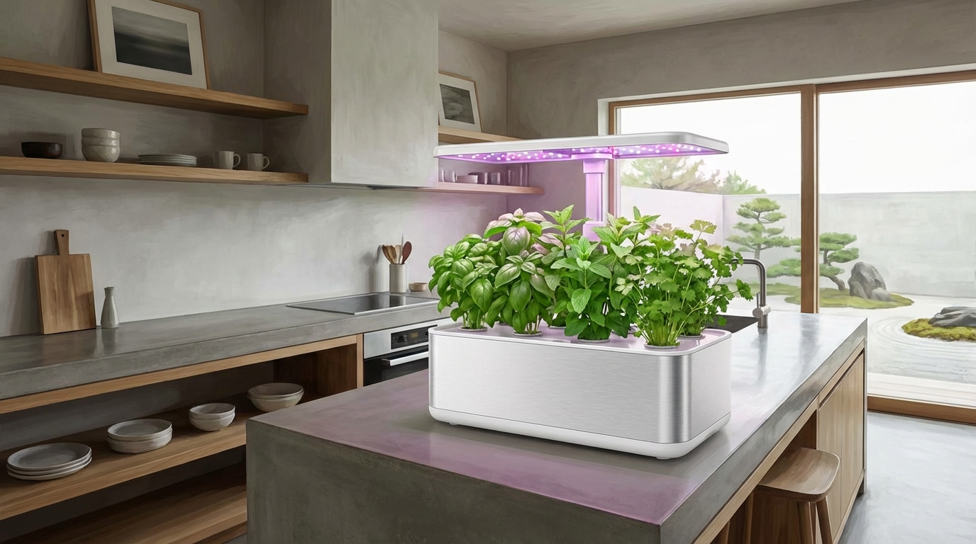 A modern indoor kitchen setup featuring a sleek white hydroponic kit growing basil, mint, and cilantro under LED grow lights