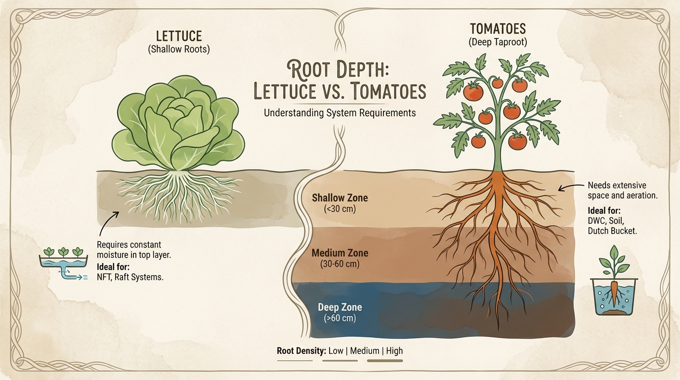 An infographic style comparison showing the root depth requirements of lettuce versus tomatoes, highlighting why different systems are needed