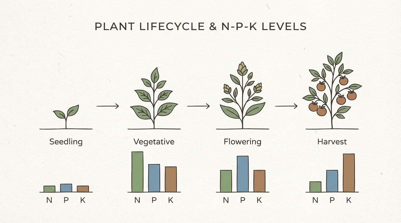 A minimal infographic style illustration showing a plant's lifecycle with N-P-K bars changing levels from seedling to harvest.