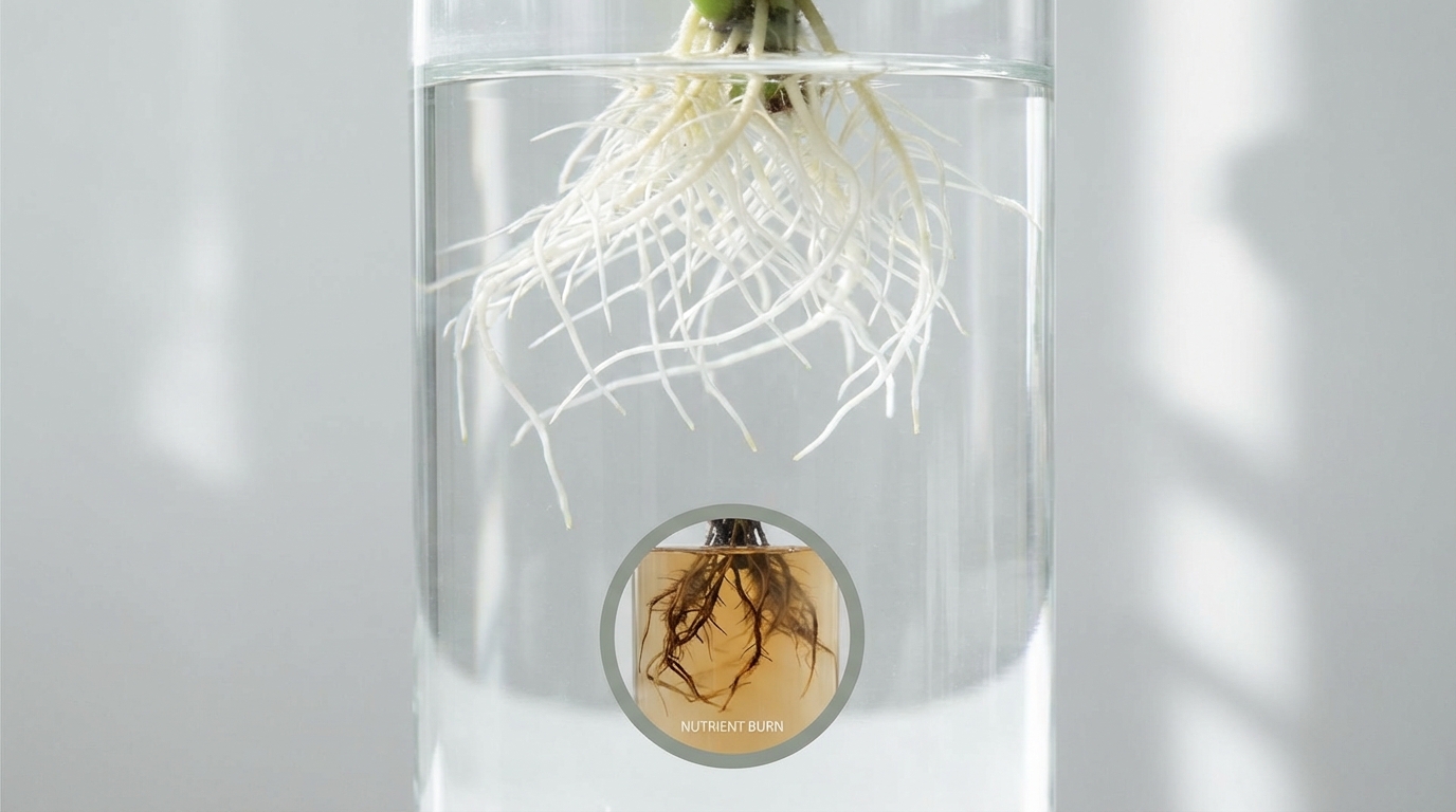 A close-up photograph of healthy white hydroponic roots suspended in water, contrasted with a smaller inset showing brown roots suffering from nutrient burn.