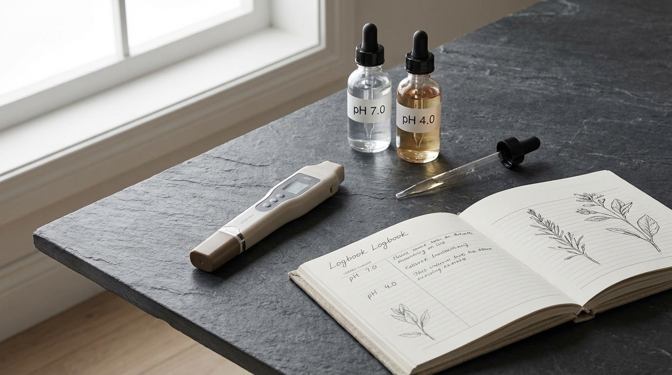 A flat-lay photo of essential hydroponic tools: a digital pH pen, calibration fluid bottles, a pipette, and a logbook on a slate-colored table.