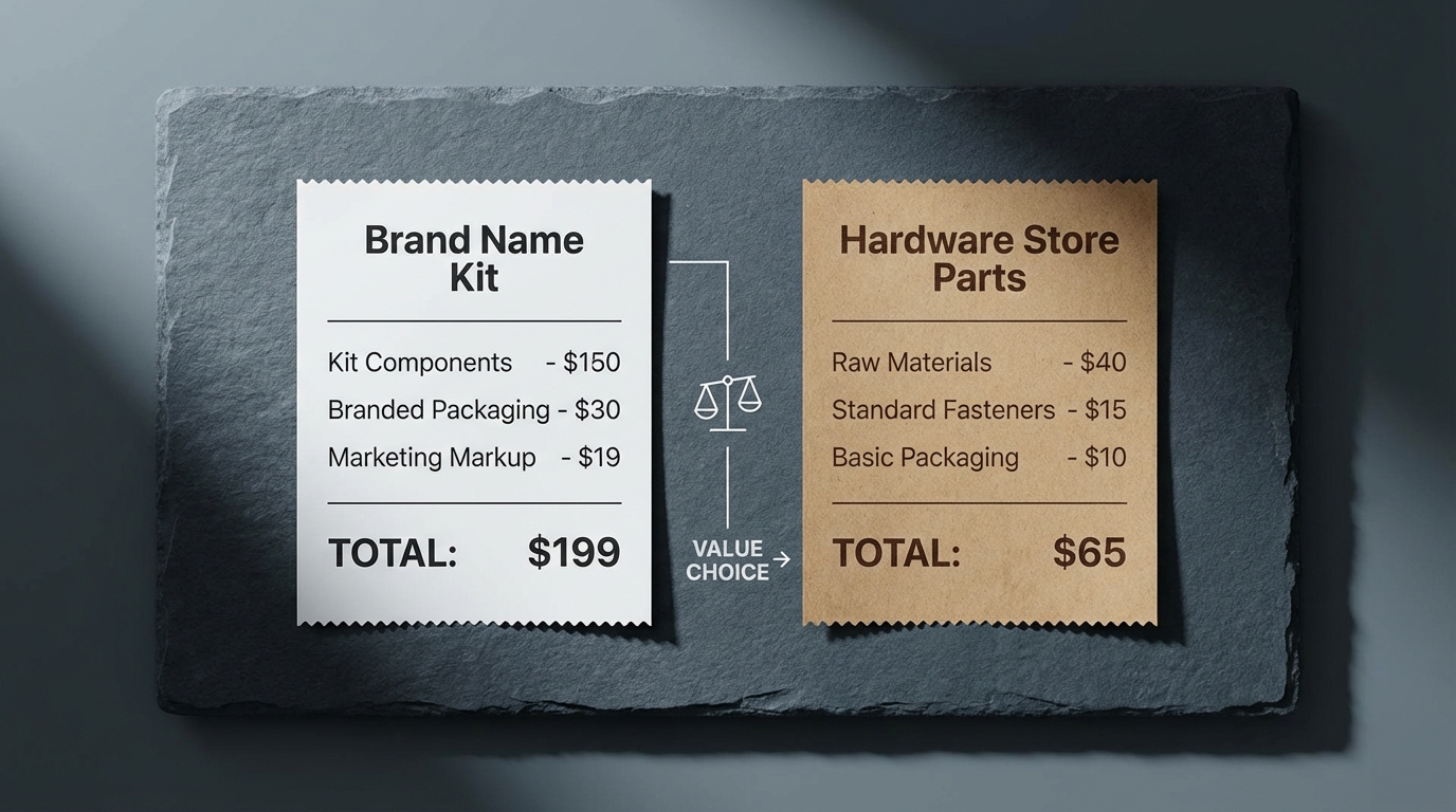 A high-contrast, clean comparison chart or infographic on a table. On one side, a receipt for a 'Brand Name Kit' totaling $199. On the other side, a receipt for 'Hardware Store Parts' totaling $65. The background is a slate grey surface.