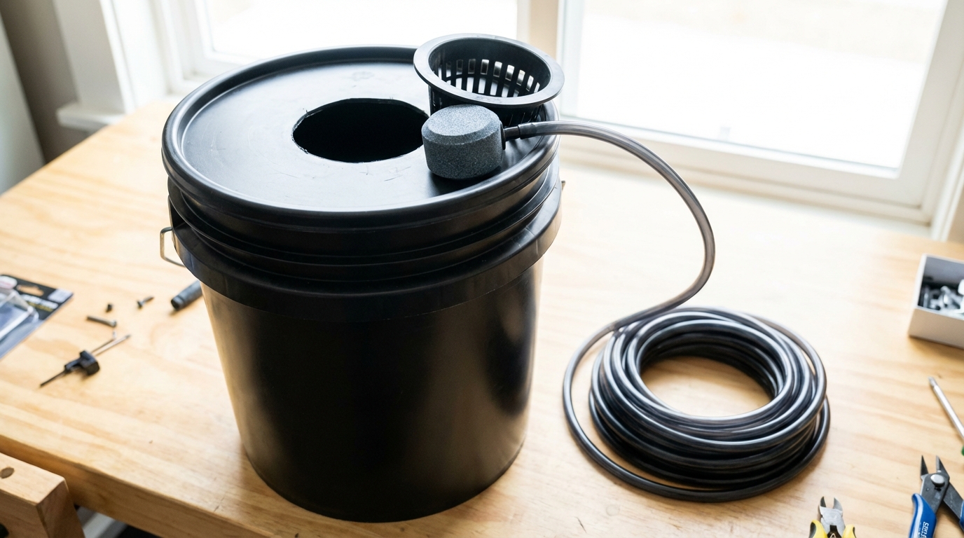 A detailed close-up shot of a DIY Deep Water Culture setup being assembled. Shows a black 5-gallon bucket, a net pot lid, an air stone, and a roll of black tubing. The lighting is clean and workshop-style.