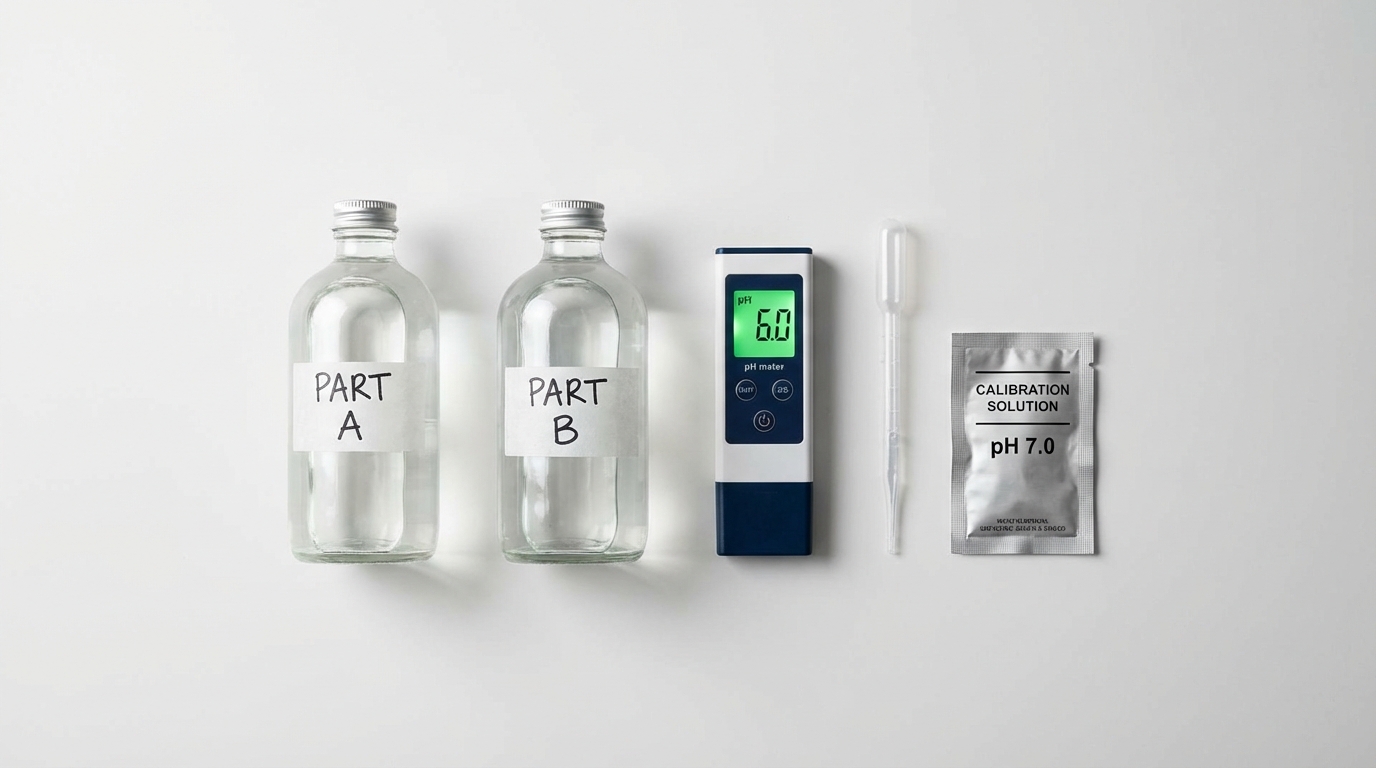 A flat-lay photography style image on a clean white surface. Shows bottles of hydroponic nutrients (Part A and Part B), a digital pH meter, a pipette, and a calibration solution packet.